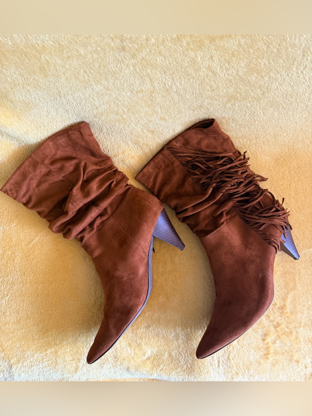 Rust Brown Fringe Suede Mid-Heel Boots